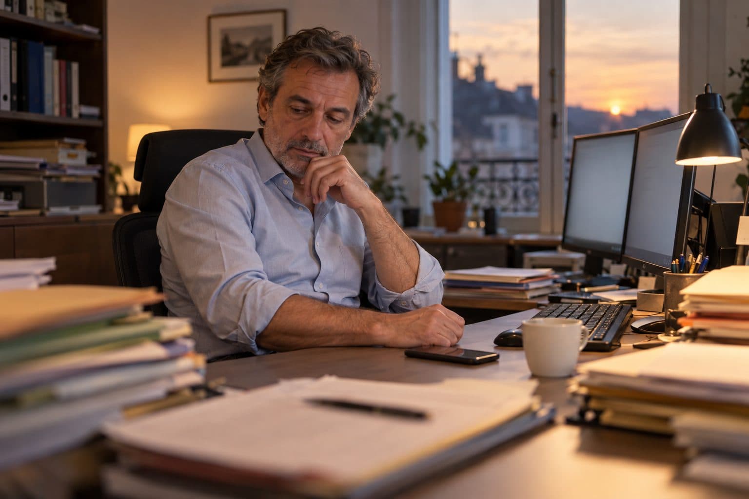An accountant at his desk at the end of the day, surrounded by client files.
