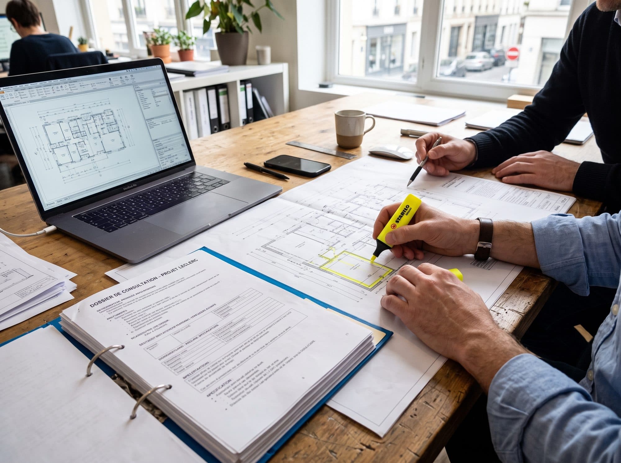 Plans and a tender file being highlighted on a table, next to a laptop.