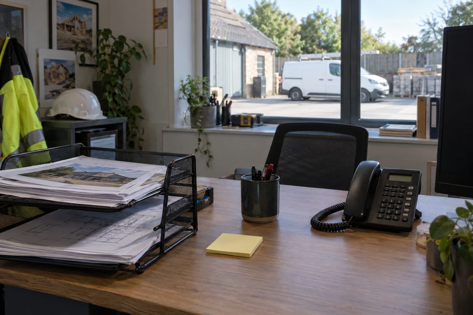 A construction company office with a tray of quotes and a desk phone.