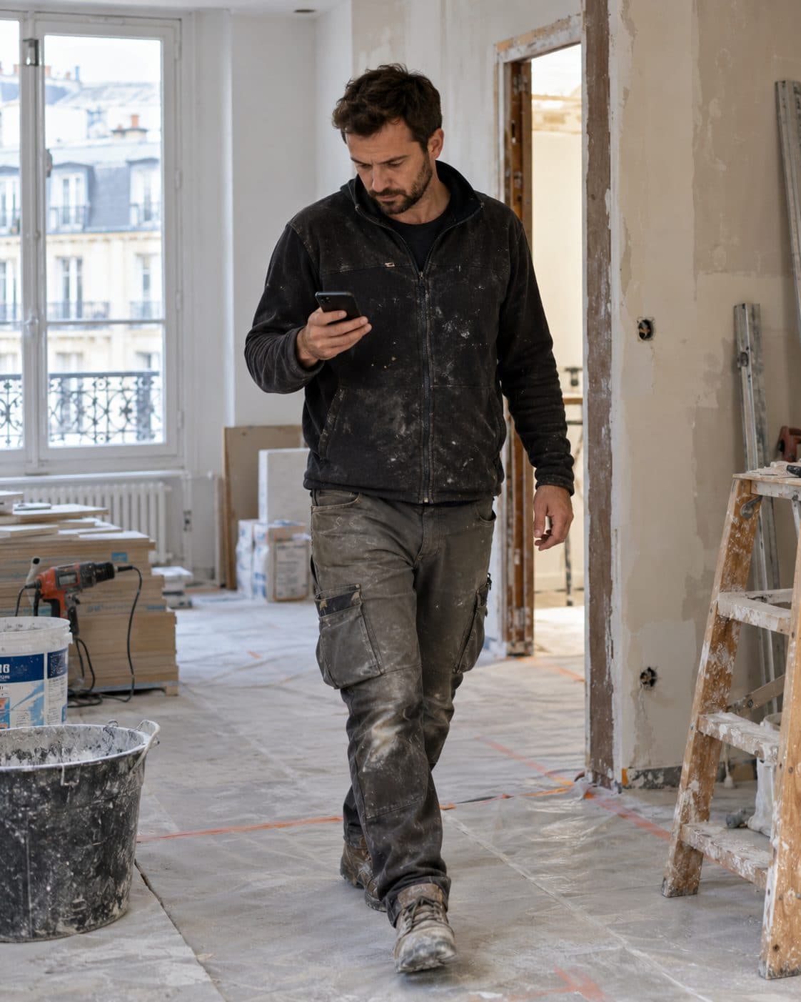 A site manager checks his phone while walking through an apartment under renovation.