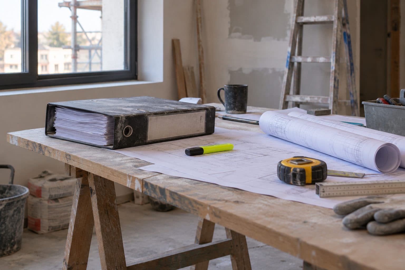 A thick binder and rolled plans on a site table.