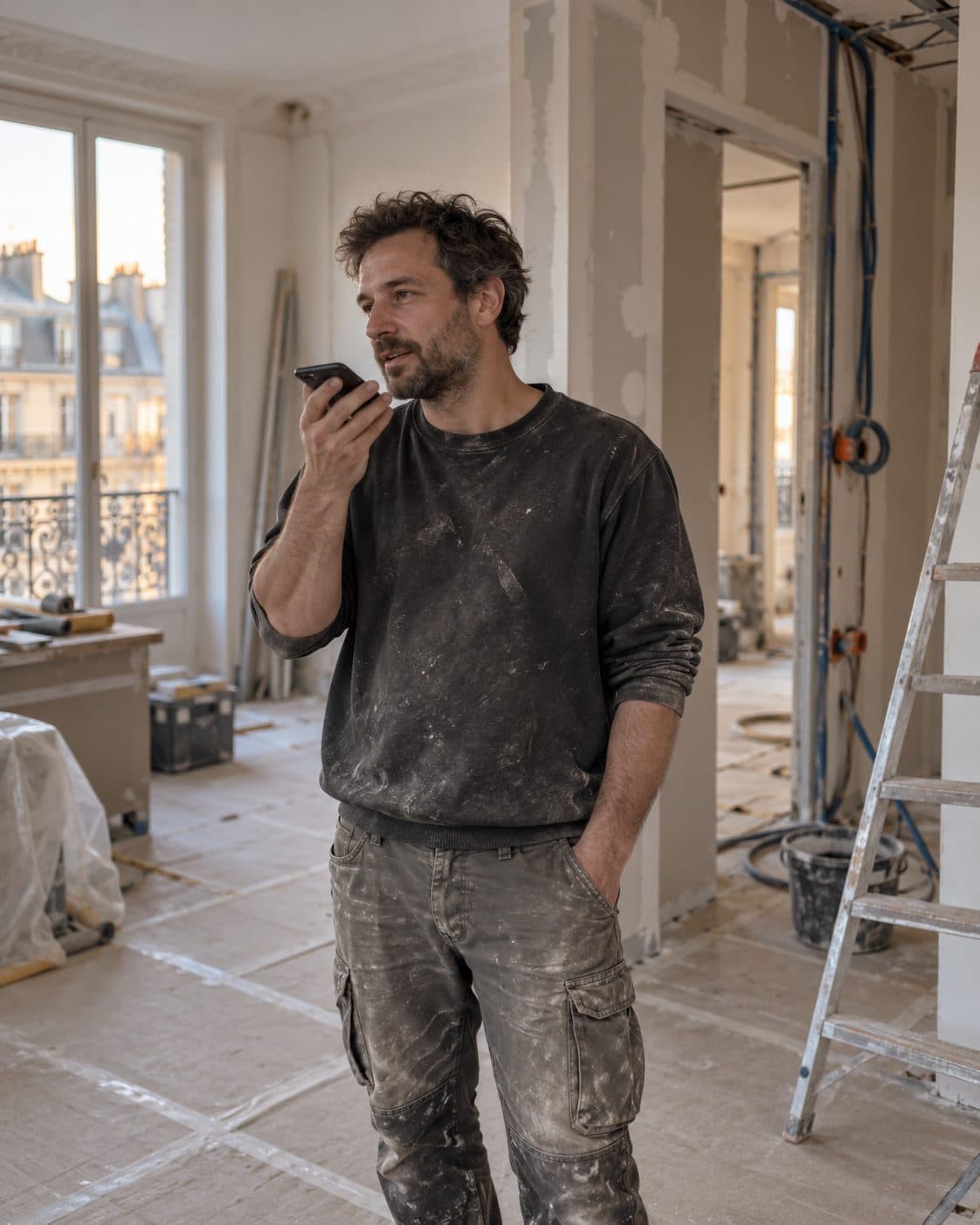 A foreman records a voice note on his phone in an apartment under renovation.