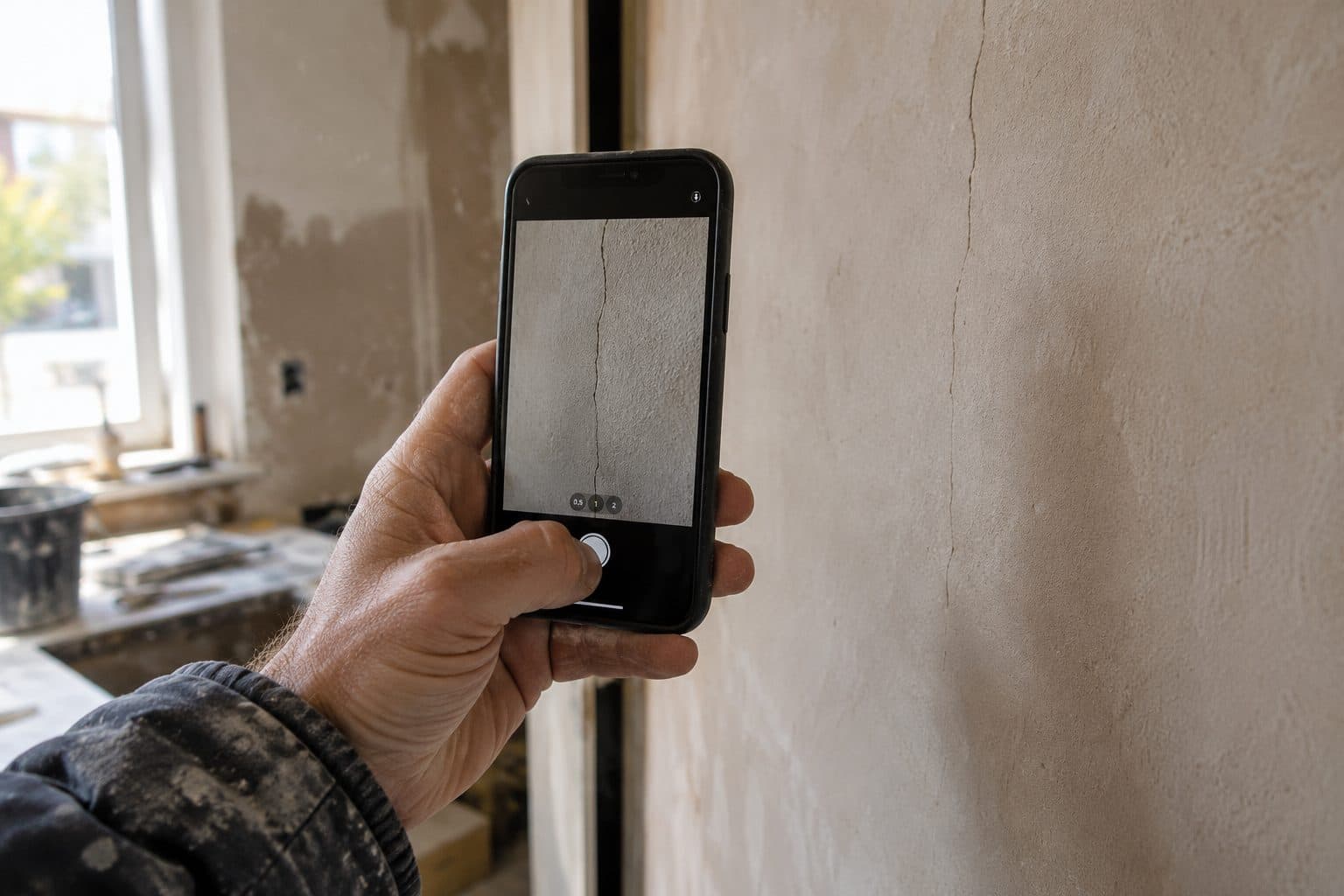 A hand photographs a crack in kitchen plaster with a phone.