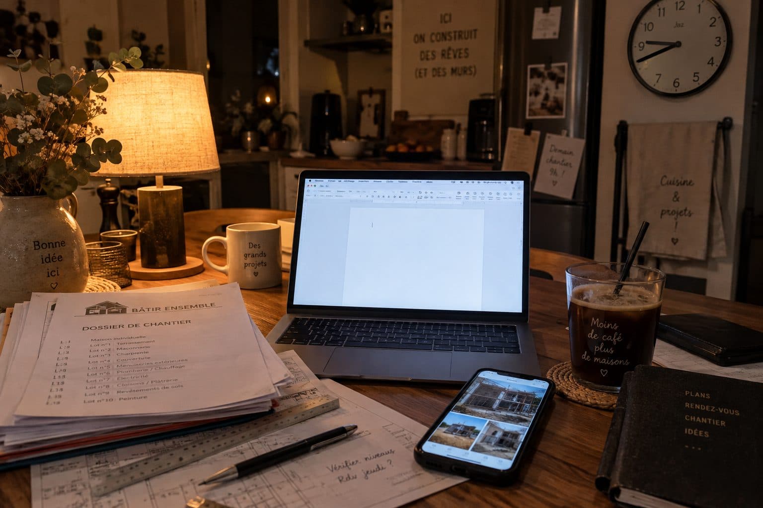 A kitchen table at night: a laptop on a blank page, a site file and a phone.